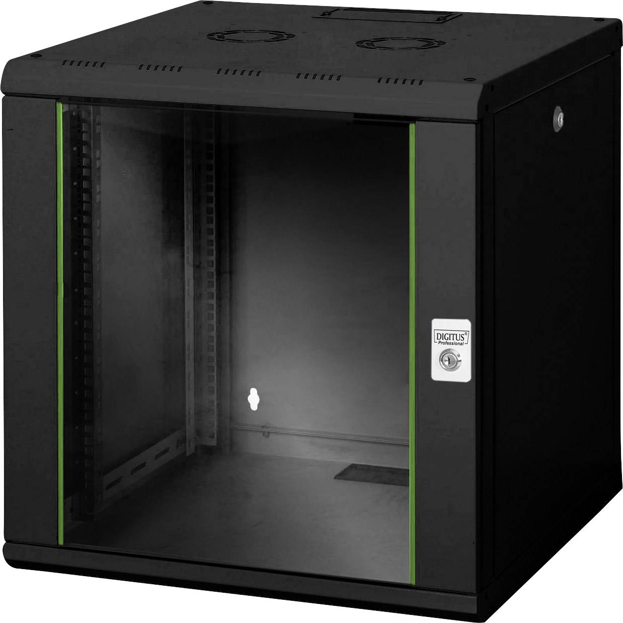 Armadio rack IT da parete nero con porta in vetro, idoneo per conservare dispositivi di rete; struttura chiusa e vuota per un raffreddamento passivo.