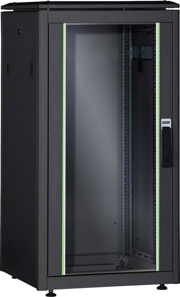 Armadio rack per server nero con porta in vetro, piedistallo e ritaglio luminoso verde; idoneo per contenere apparecchiature IT.
