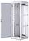 Un armadio rack server vuoto e aperto in metallo con una porta in vetro sul lato sinistro. Ideale per l'installazione di server e apparecchiature IT.