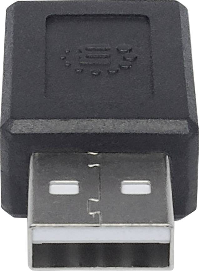 Un adattatore nero per connettore USB con spina USB-A. Superficie superiore con testo in matrice di punti.