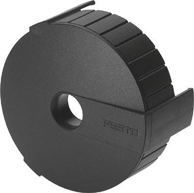 Pezzo cilindrico nero in plastica con bordo scanalato e foro centrale, prodotto dal marchio Festo.