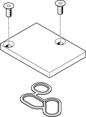 Diagramma di una piastra rettangolare con due viti di fissaggio. Sotto sono raffigurati due componenti non specificati.