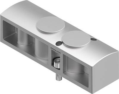 Componente metallico di forma rettangolare con due rilievi circolari e un foro per vite visibile sul lato inferiore.