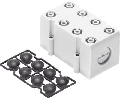 Scatola bianca rettangolare con otto aperture circolari simmetricamente disposte sopra e accanto a un supporto nero in plastica con rilievi circolari.