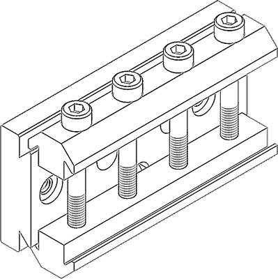 Disegno tecnico di una staffa con quattro viti che collegano due piastre. Vista in prospettiva che mostra le viti e la disposizione delle piastre.
