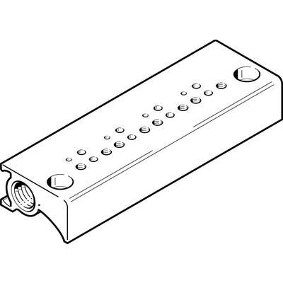 Blocco rettangolare con diversi piccoli fori sulla superficie e un attacco filettato laterale. Componente tecnico.