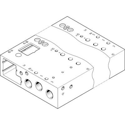 Disegno tecnico di un dispositivo elettronico con diversi connettori e pulsanti sulla superficie superiore.