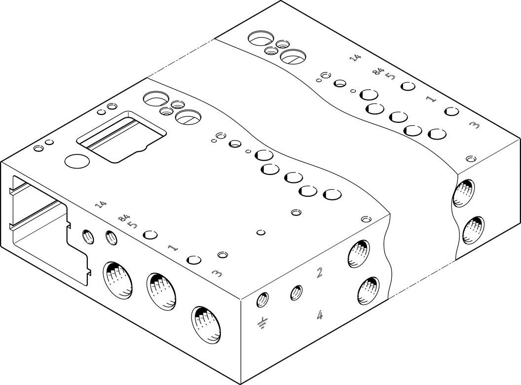 Disegno tecnico di un componente rettangolare con più aperture e annotazioni, mostrato da una vista prospettica.