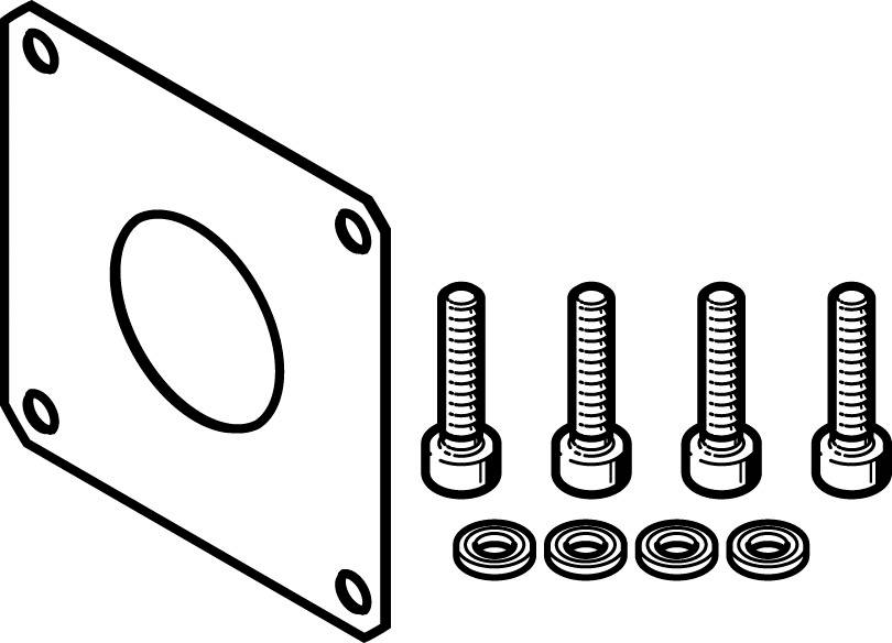 Set di fissaggio composto da una piastra quadrata con quattro fori per viti, quattro viti, quattro rondelle e quattro dadi.