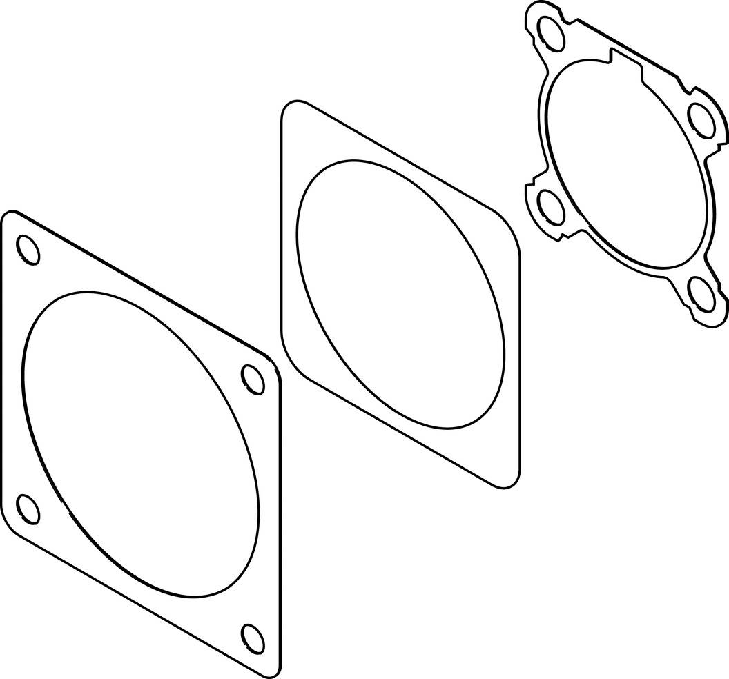 Disegno esploso di tre guarnizioni interconnesse, disposte in posizione inclinata.