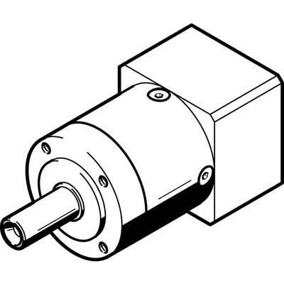 Disegno tecnico di un motore con riduttore, con alloggiamento arrotondato e parte posteriore rettangolare, che mostra viti e un albero.