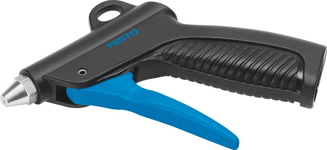 Pistola pneumatica nera con grilletto blu, contrassegnata con 'FESTO'.