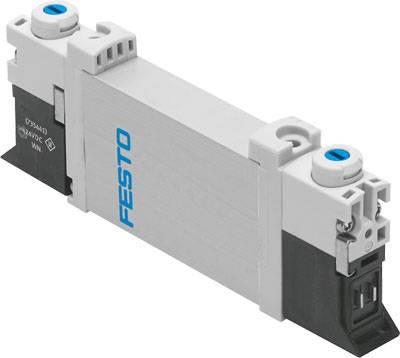 Valvola Festo in grigio e bianco, forma rettangolare, con accenti blu, per il controllo di sistemi pneumatici.