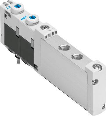 Valvola elettropneumatica in involucro con manopole rotanti bianche e marcature blu, idonea per sistemi di controllo industriali.