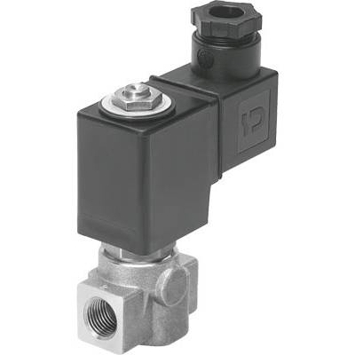 Una valvola solenoide con un involucro nero e raccordi metallici. È progettata per controllare il flusso di liquidi.