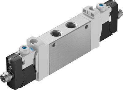 Una valvola pneumatica con due attacchi e due regolatori di pressione in nero e grigio, pronta per il montaggio.