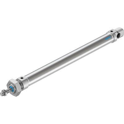 Un cilindro pneumatico metallico di forma cilindrica, con guarnizioni blu alle estremità, per applicazioni industriali.
