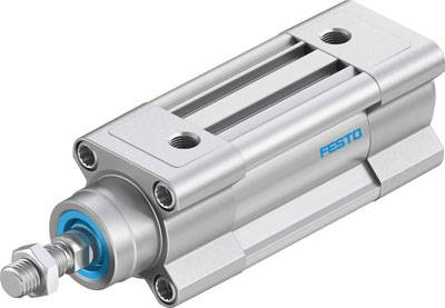 Un cilindro pneumatico in argento con anello di tenuta blu e logo 'Festo'. Adatto per applicazioni industriali.
