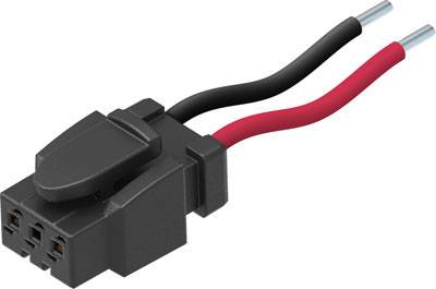 Un connettore elettrico nero con cavi rossi e neri per il trasferimento di energia elettrica disegnato.