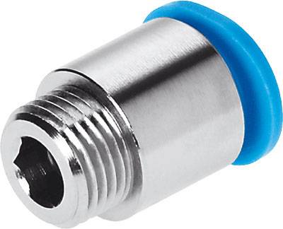 Raccordo metallico con filettatura esterna e anello in plastica blu all'estremità, comunemente utilizzato nei sistemi pneumatici per collegare tubi o condotte.