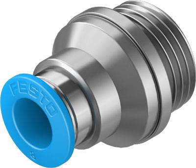 Adattatore metallico con anello in plastica blu, idoneo per applicazioni pneumatiche. Sulla plastica è riportato il marchio 'FESTO'.