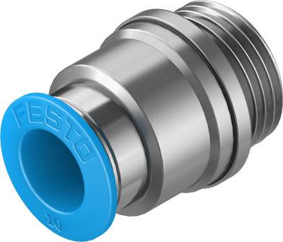 Un raccordo pneumatico metallico con un anello di plastica blu su cui è scritto 'FESTO'.