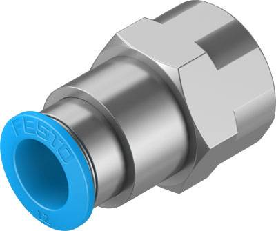 Raccordo in plastica con guarnizione blu e filettatura metallica, utilizzato nei sistemi pneumatici per collegare tubi e condotti.