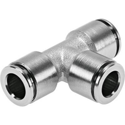 Raccordo a T metallico, liscio e lucido, con tre aperture per il collegamento di tubi o tubi flessibili.