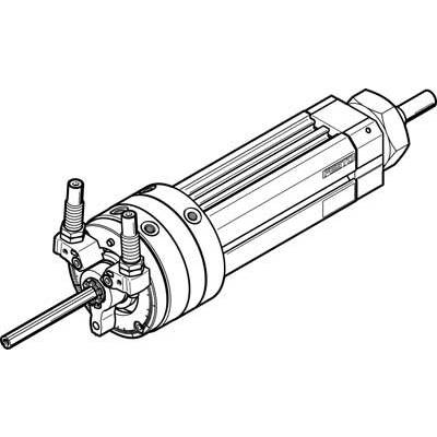 Disegno tecnico di un cilindro pneumatico, mostrato con attacchi e stelo del pistone, per la rappresentazione di componenti meccanici.