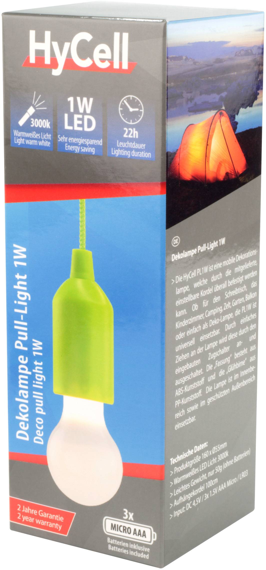 Confezione di una lampada decorativa HyCell Pull-Light 1W con tecnologia LED. La stampa enfatizza il risparmio energetico e la lunga durata. Immagine con tenda illuminata all'aperto.