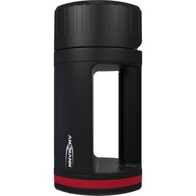 Bicchiere da viaggio nero, a forma di cilindro, con striscia rossa e logo del marchio, in posizione verticale con manico sul lato destro.
