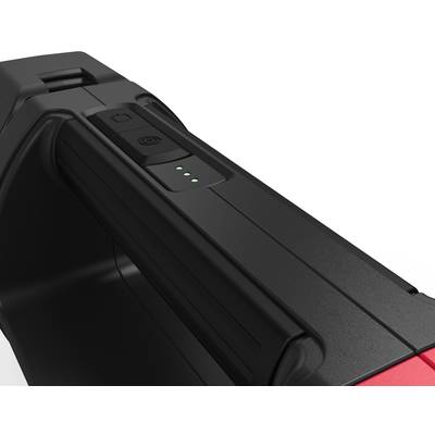 Primo piano di un dispositivo elettronico nero con tre indicatori LED verdi sulla parte superiore che mostrano lo stato di funzionamento.
