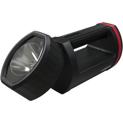 Torcia nera con grande proiettore riflettente e impugnatura ergonomica su sfondo bianco.