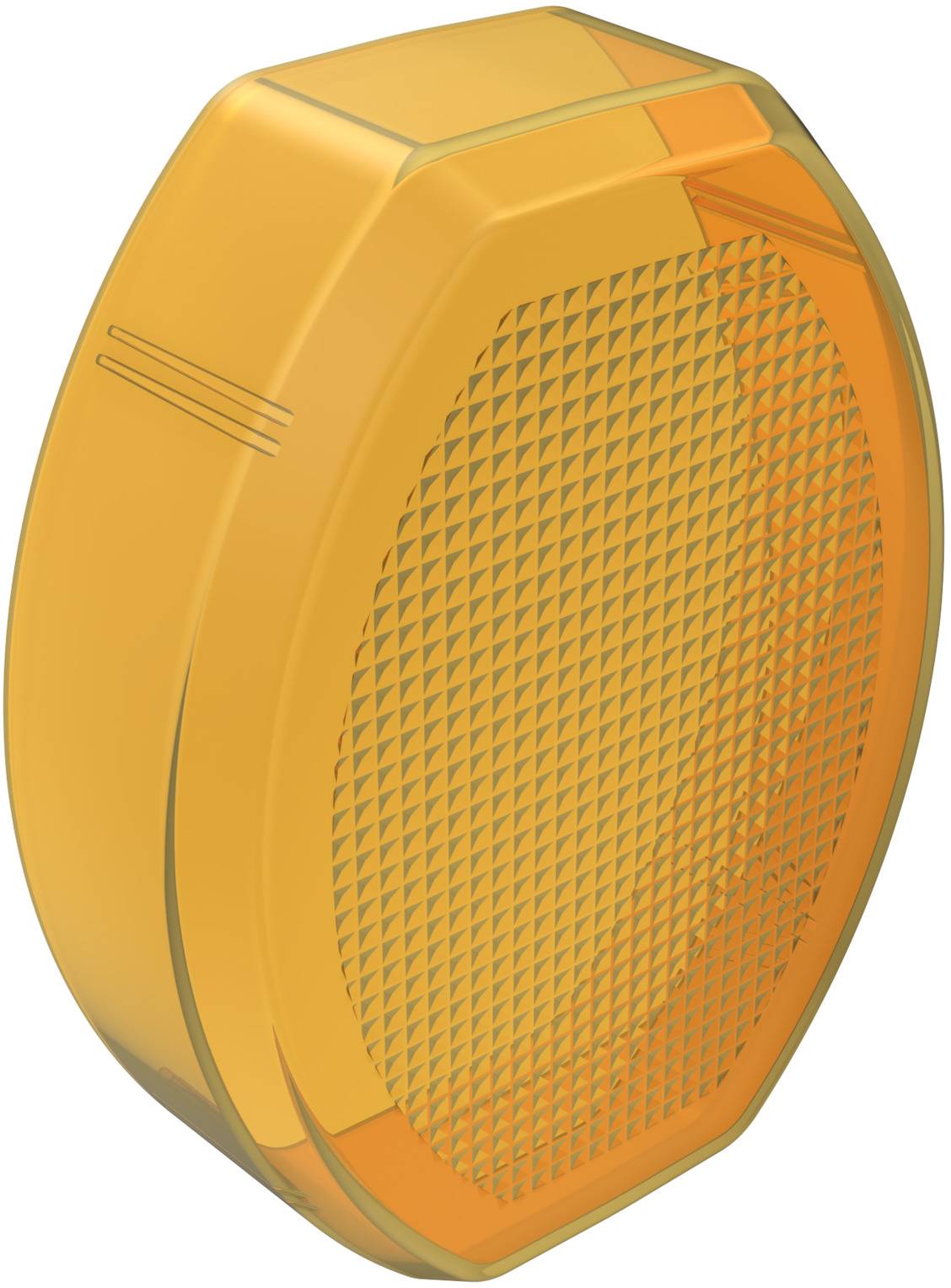 Un oggetto ovale di colore arancione con un motivo a griglia scanalato su un lato, probabilmente un coperchio di plastica o un filtro.