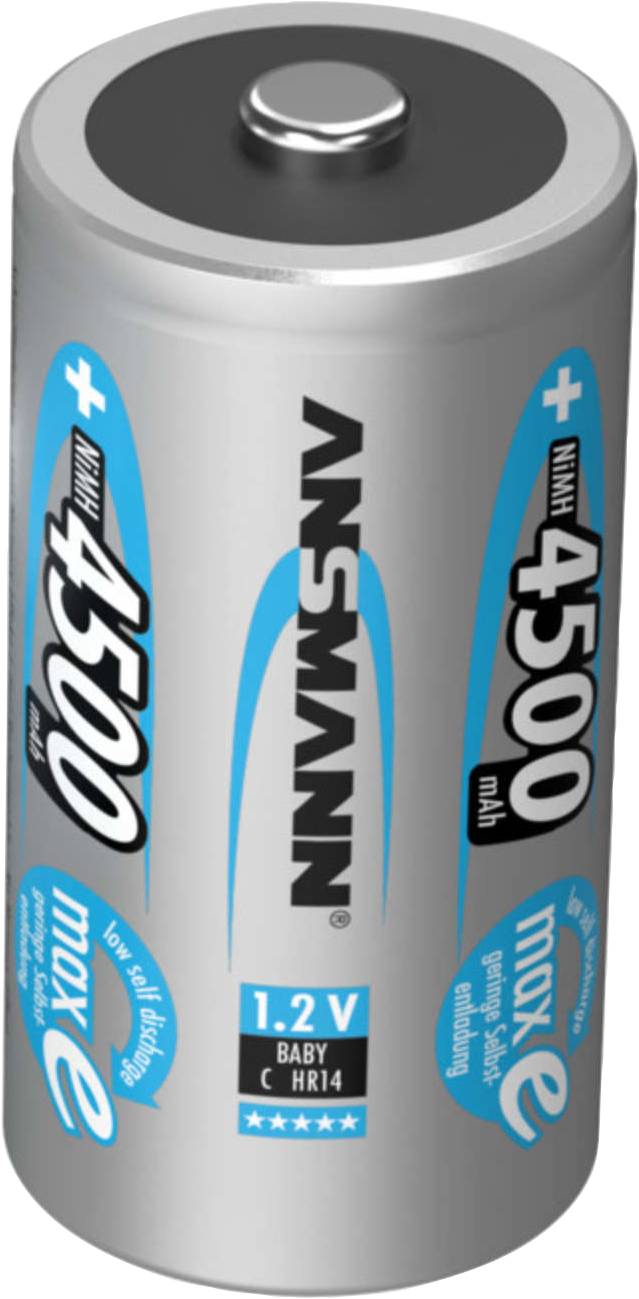 Batteria C Ansmann argento con marcature blu e nere, 4500 mAh, 1,2 V.