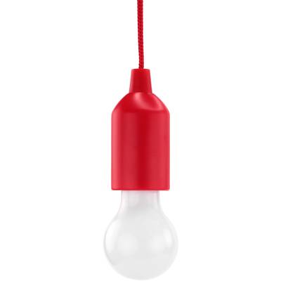 Lampada a sospensione rossa a forma di lampadina, appesa a un cavo rosso.