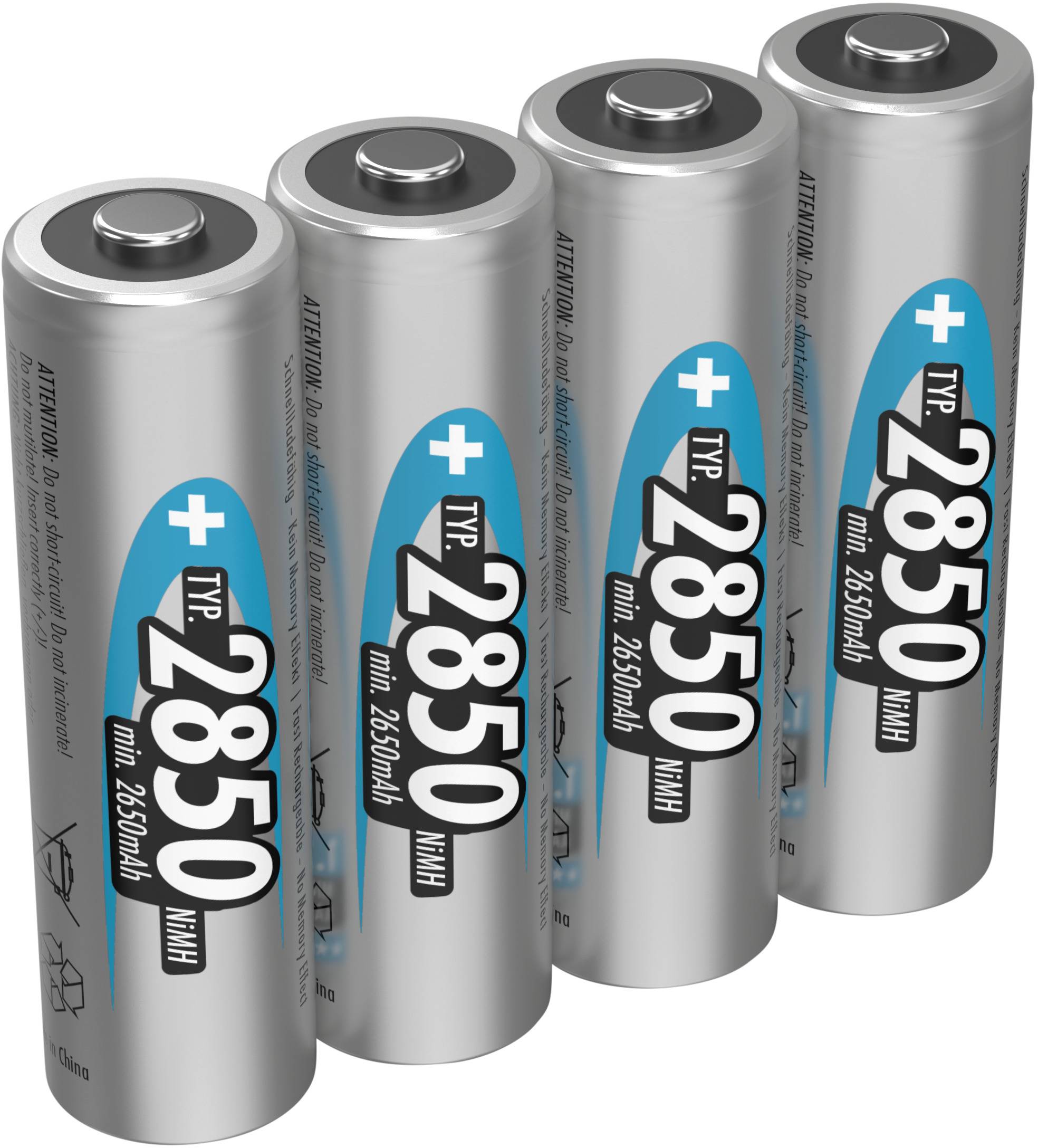 Quattro batterie AA argentate con etichetta blu che recita 'Tipo 2850 mAh' disposte una accanto all'altra.