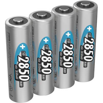 Quattro batterie AA argentate con etichetta blu che recita 'Tipo 2850 mAh' disposte una accanto all'altra.