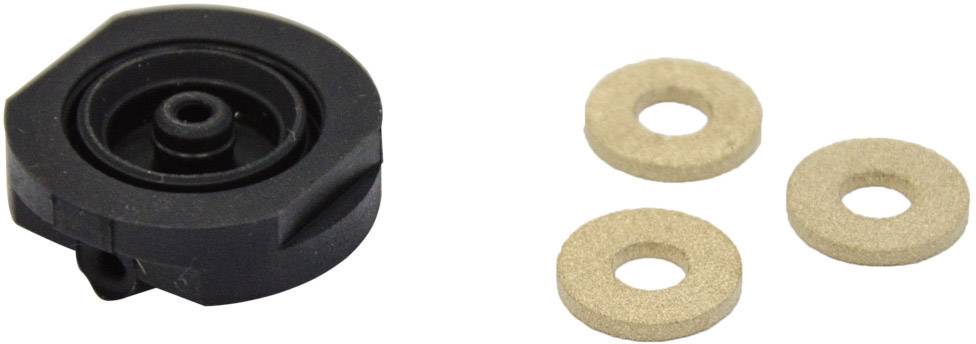 Supporto nero in plastica accanto a tre anelli di tenuta beige. I componenti sono posizionati su una superficie bianca.