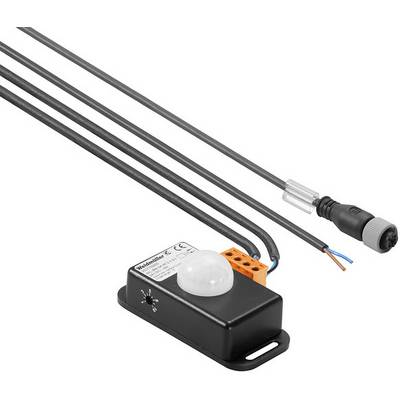 Un sensore di movimento nero con tre lunghi cavi e un elemento di connessione. Adatto per il controllo dell'illuminazione interna.