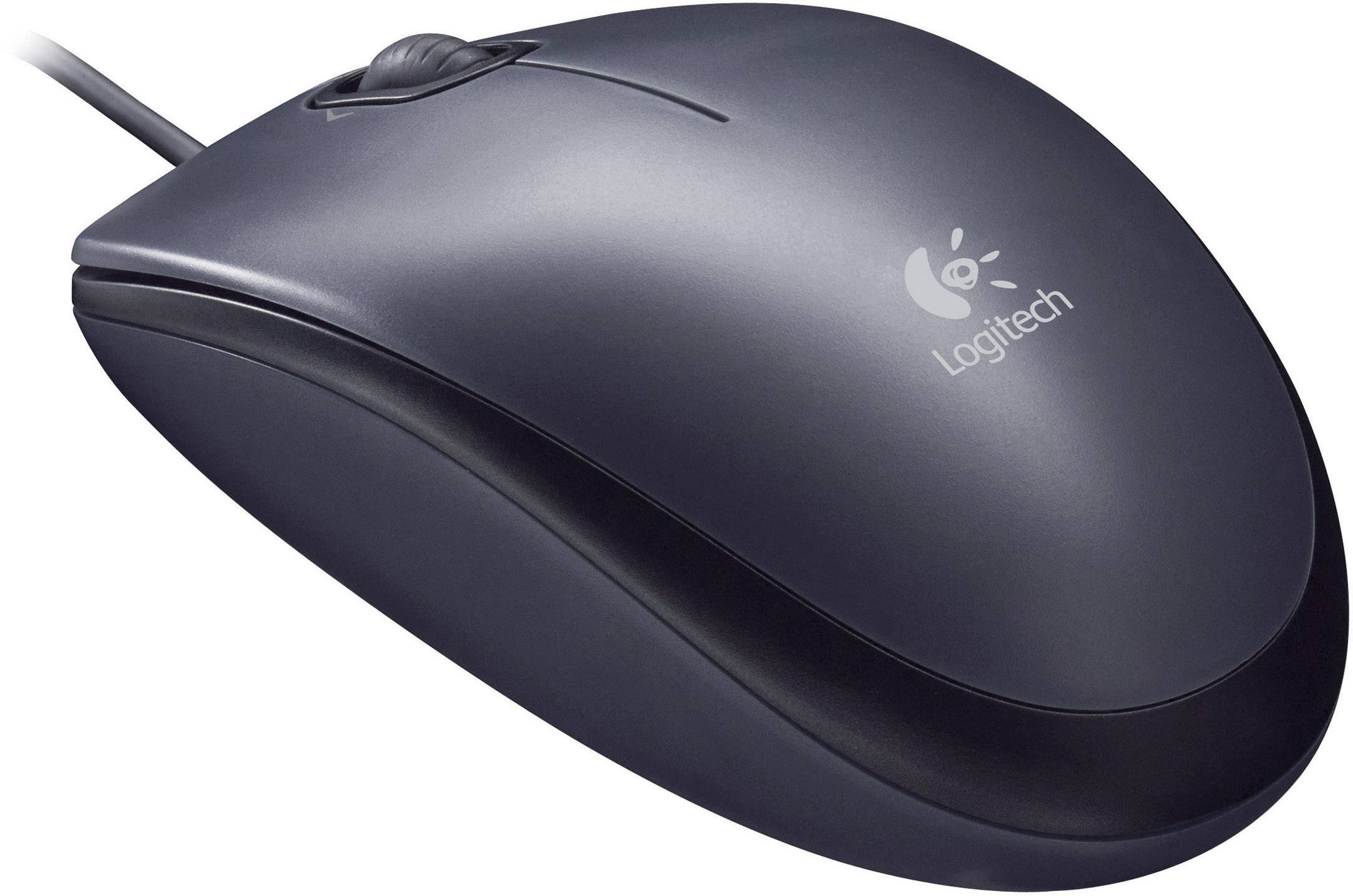 Mouse nera con cavo Logitech con rotella di scorrimento, vista laterale.