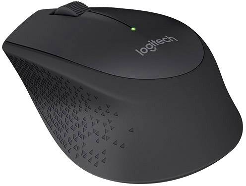 Mouse wireless nera Logitech con lati strutturati e rotella di scorrimento.