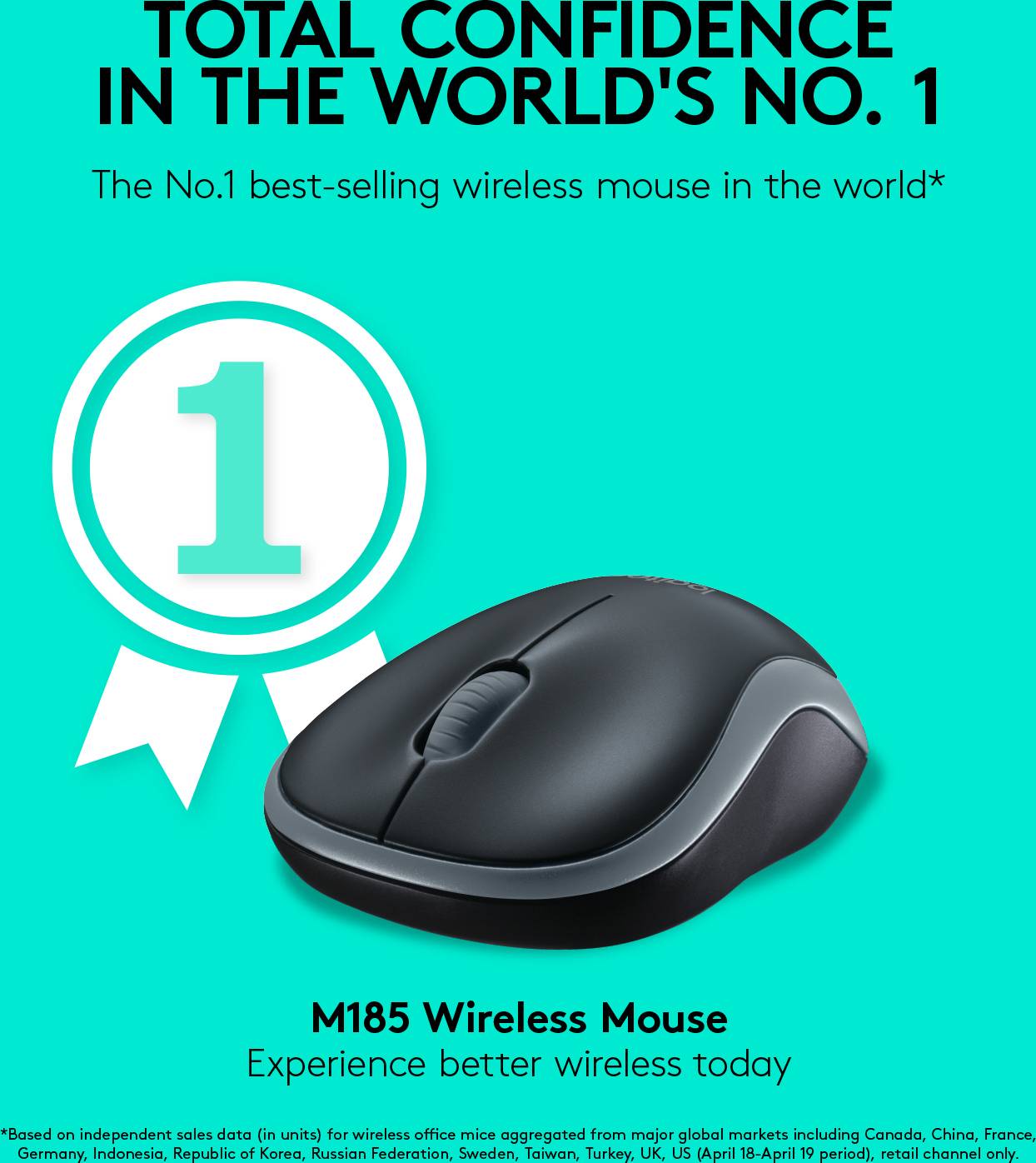 'FIDUCIA ASSOLUTA NEL NUMERO 1 AL MONDO' e 'Mouse wireless più venduto al mondo'. Immagine di un mouse wireless, modello M185.