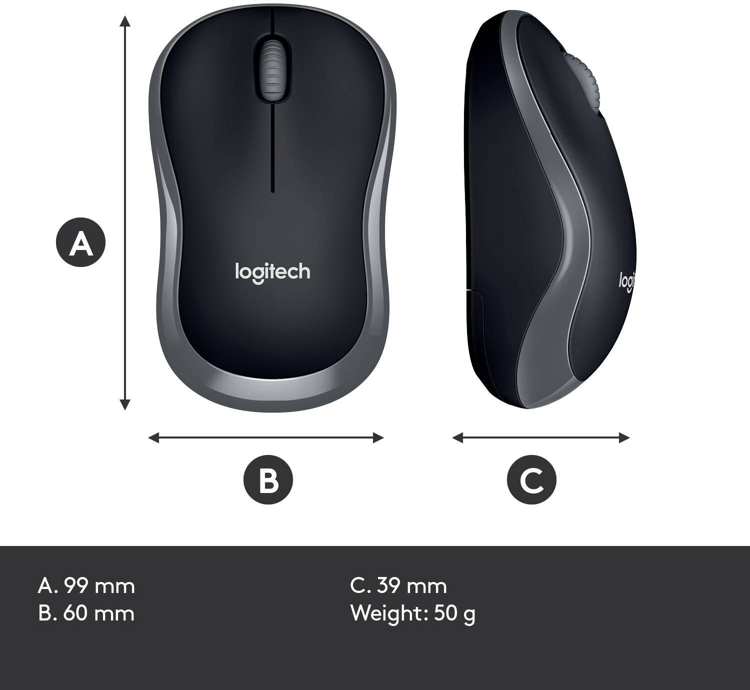 'Mouse Logitech con dimensioni: Lunghezza 99 mm, Larghezza 60 mm, Altezza 39 mm. Peso 50 g.'