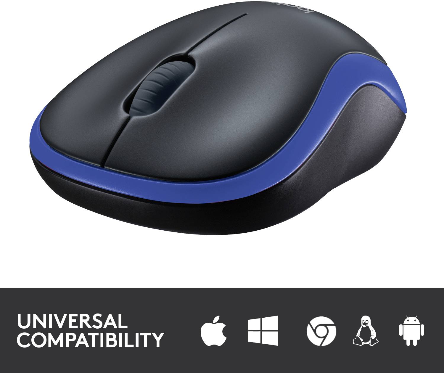 Mouse nera per computer con accenti blu su sfondo bianco, con simboli sottostanti che indicano la compatibilità universale con diversi sistemi operativi.