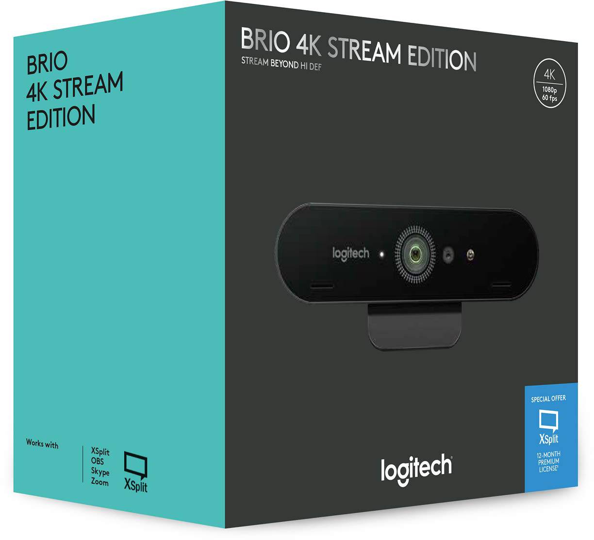 Confezione della Webcam Logitech Brio 4K Stream Edition con specifiche: Video 4K, funzioni di zoom digitale, offerte speciali per lo streaming.