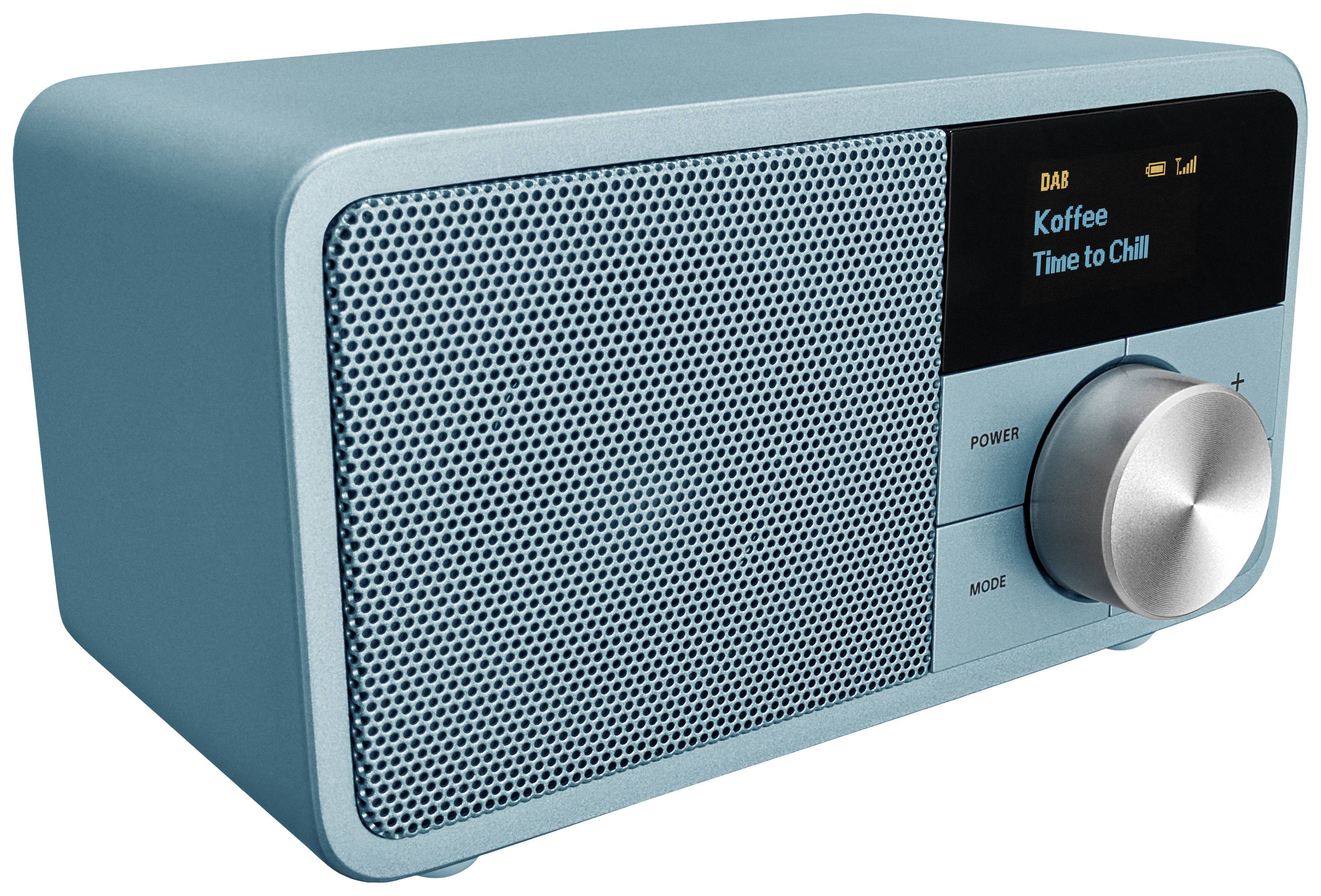 Radio portatile blu DAB con display che mostra 'Koffee Time to Chill', dotato di controllo del volume e indicatore di funzionamento.