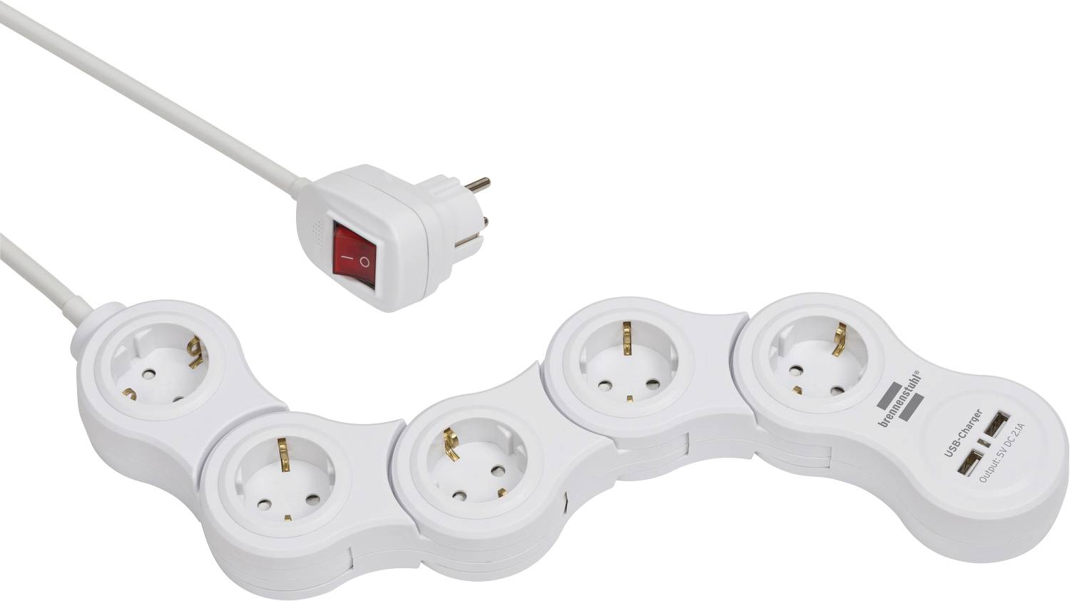 Ciabatta bianca con cinque prese europee, un interruttore rosso di accensione/spegnimento e due porte di ricarica USB integrate all'estremità destra.