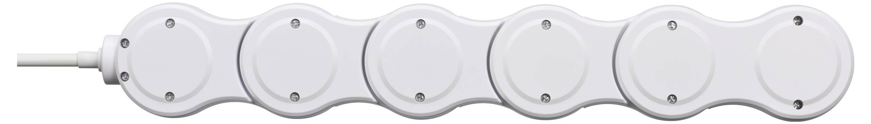 Tubo flessibile multisezionale bianco o conduit per cavi con sei segmenti rotondi bullonati e un cavo che entra da sinistra.