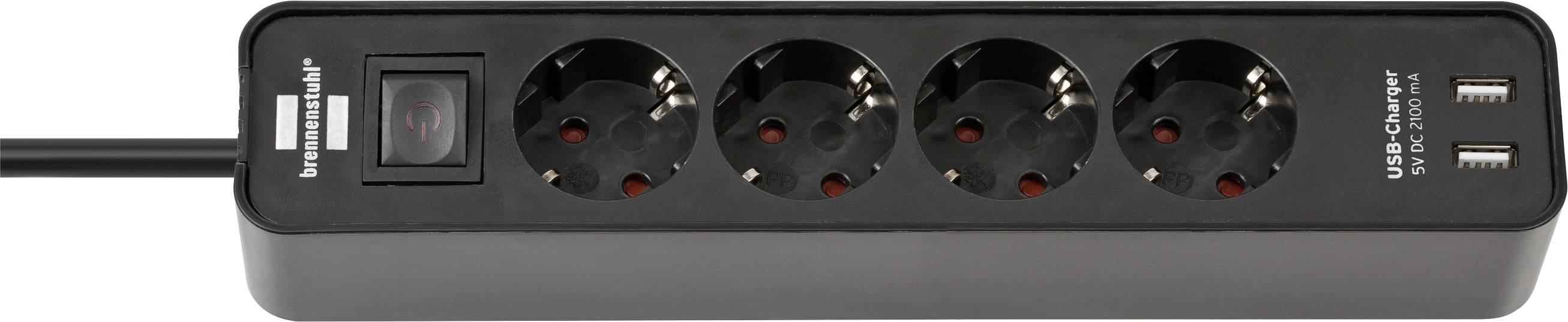 Ciabatta di alimentazione nera da desktop con quattro prese circolari, un interruttore principale e due porte di ricarica USB sulla destra.